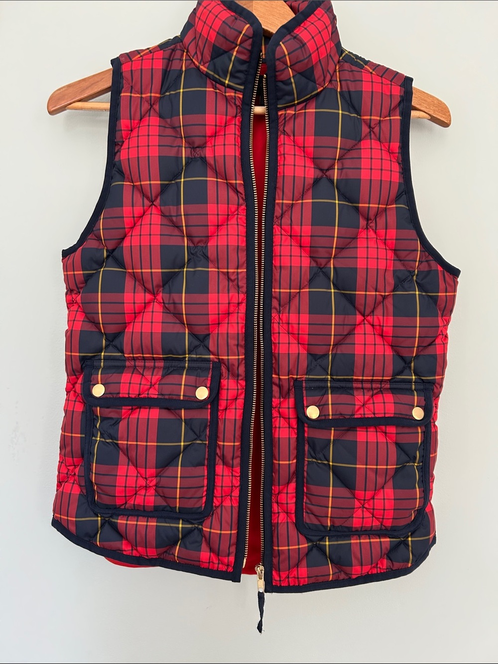 J. Crew women’s Red & Navy Plaid Quilted Vest